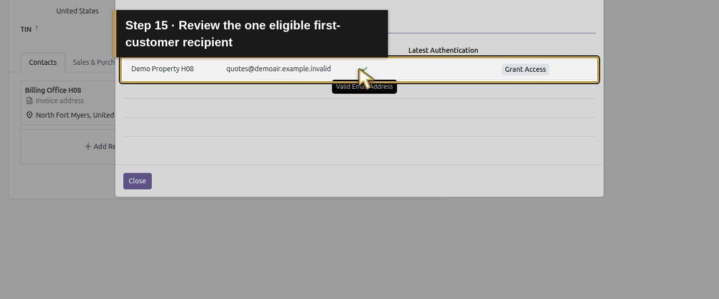 Action 15: Review the one eligible first-customer recipient. The actual target is highlighted in gold.