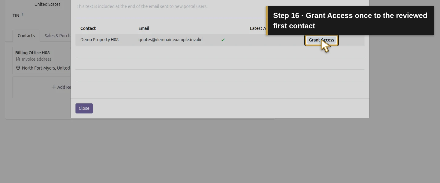 Action 16: Grant Access once to the reviewed first contact. The actual target is highlighted in gold.