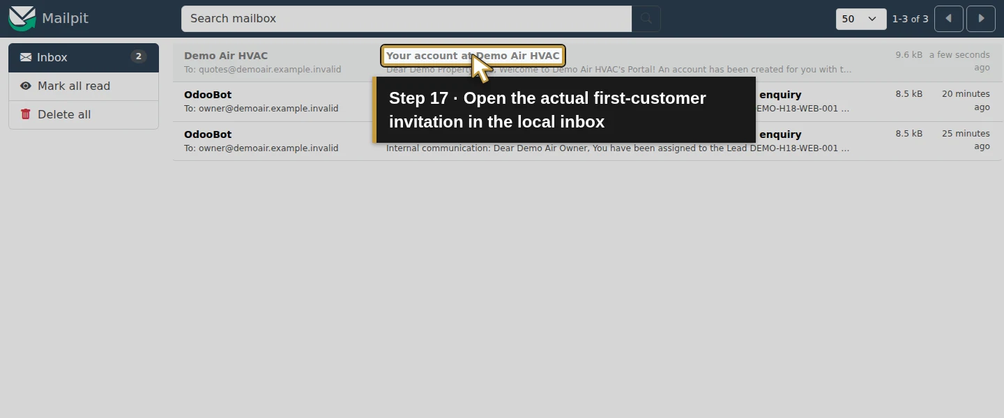 Action 17: Open the actual first-customer invitation in the local inbox. The actual target is highlighted in gold.