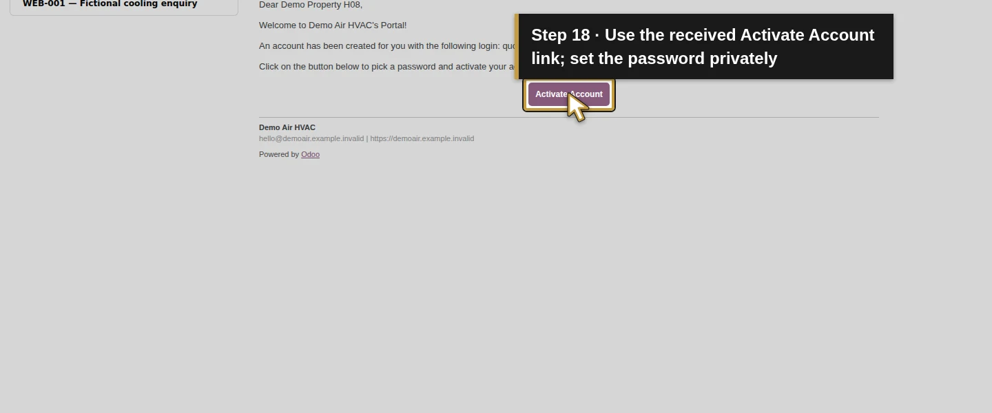 Action 18: Use the received Activate Account link; set the password privately. The actual target is highlighted in gold.