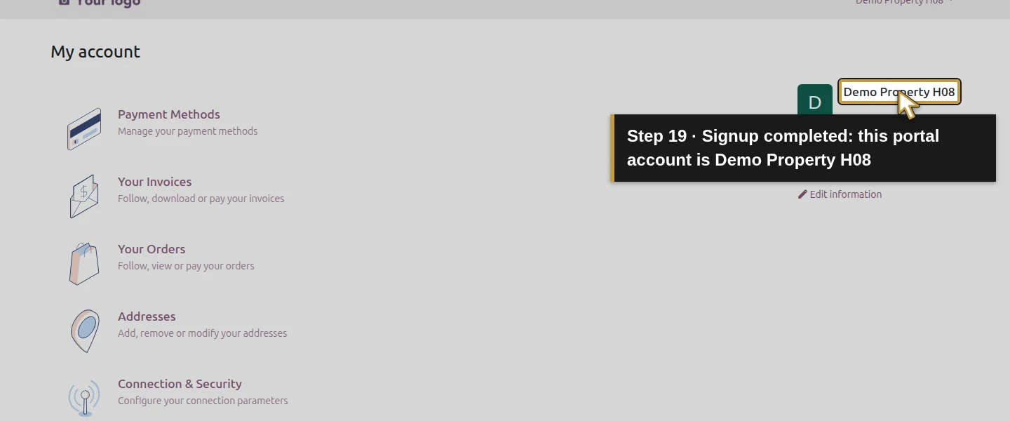 Action 19: Signup completed: this portal account is Demo Property H08. The actual target is highlighted in gold.