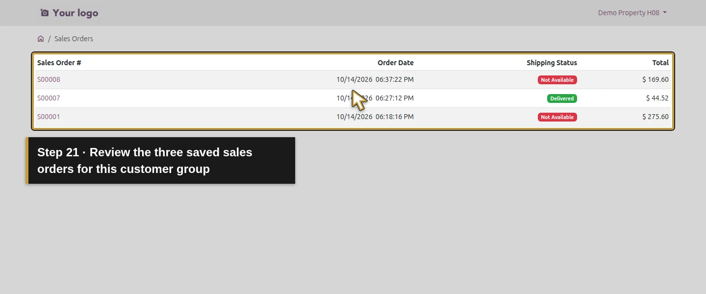 Action 21: Review the three saved sales orders for this customer group. The actual target is highlighted in gold.