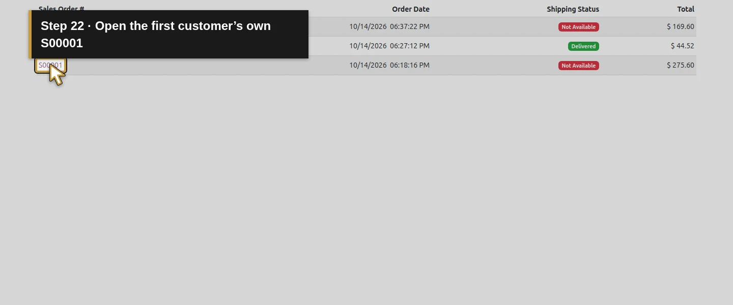 Action 22: Open the first customer’s own S00001. The actual target is highlighted in gold.