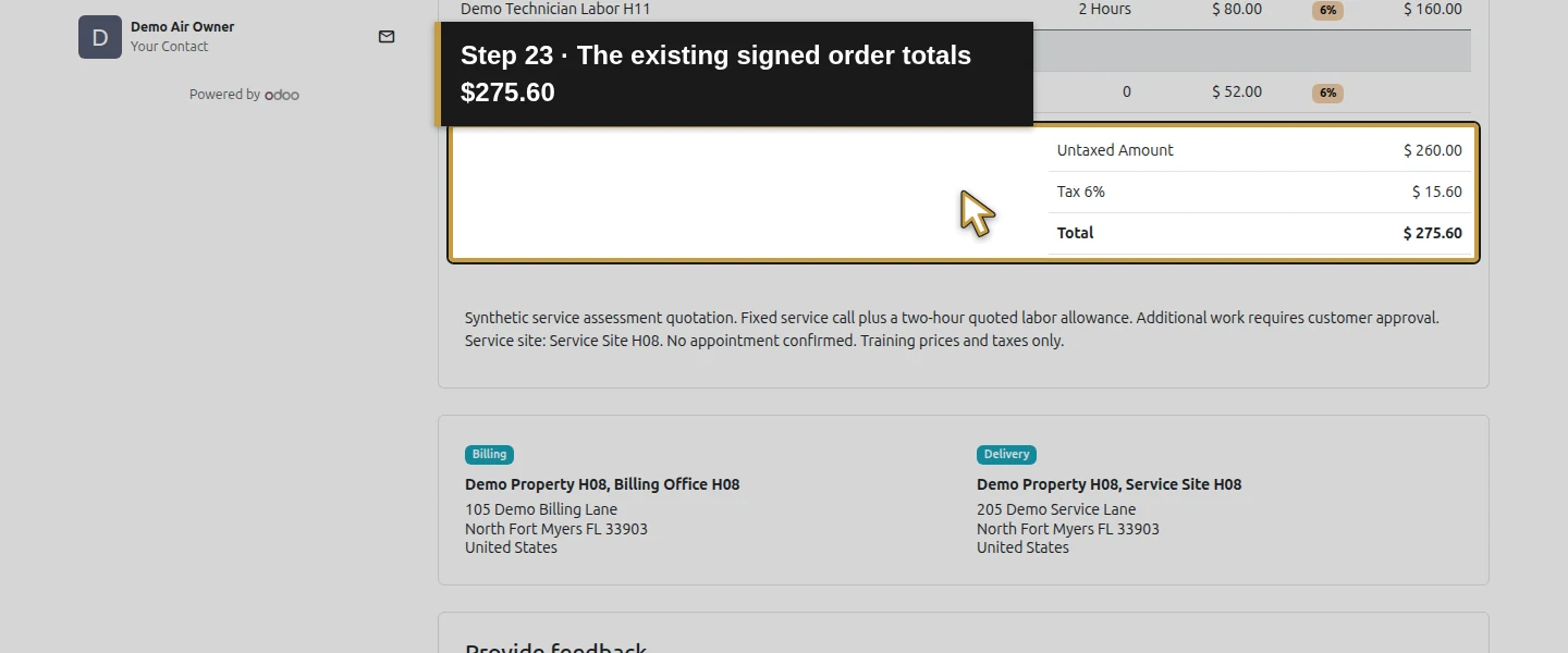 Action 23: The existing signed order totals $275.60. The actual target is highlighted in gold.