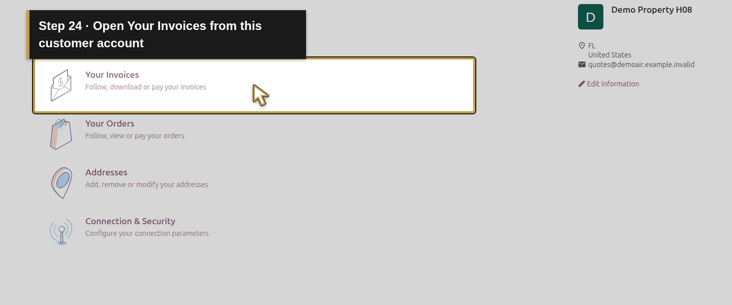 Action 24: Open Your Invoices from this customer account. The actual target is highlighted in gold.