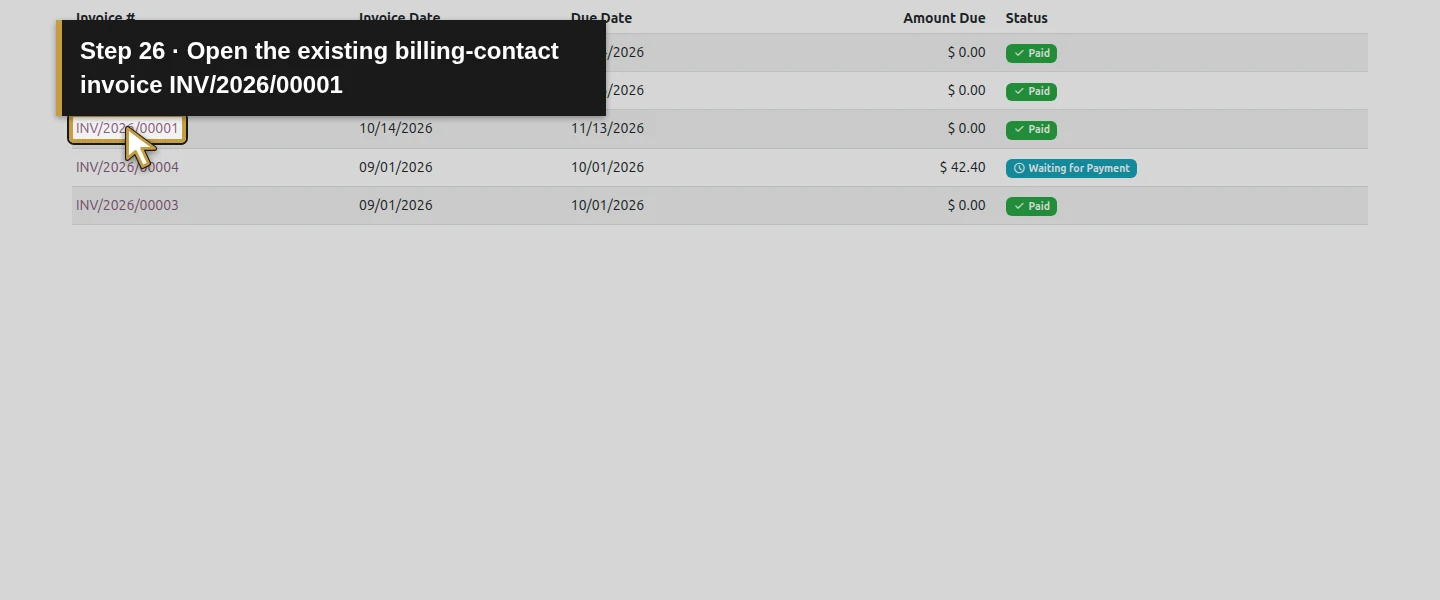 Action 26: Open the existing billing-contact invoice INV/2026/00001. The actual target is highlighted in gold.