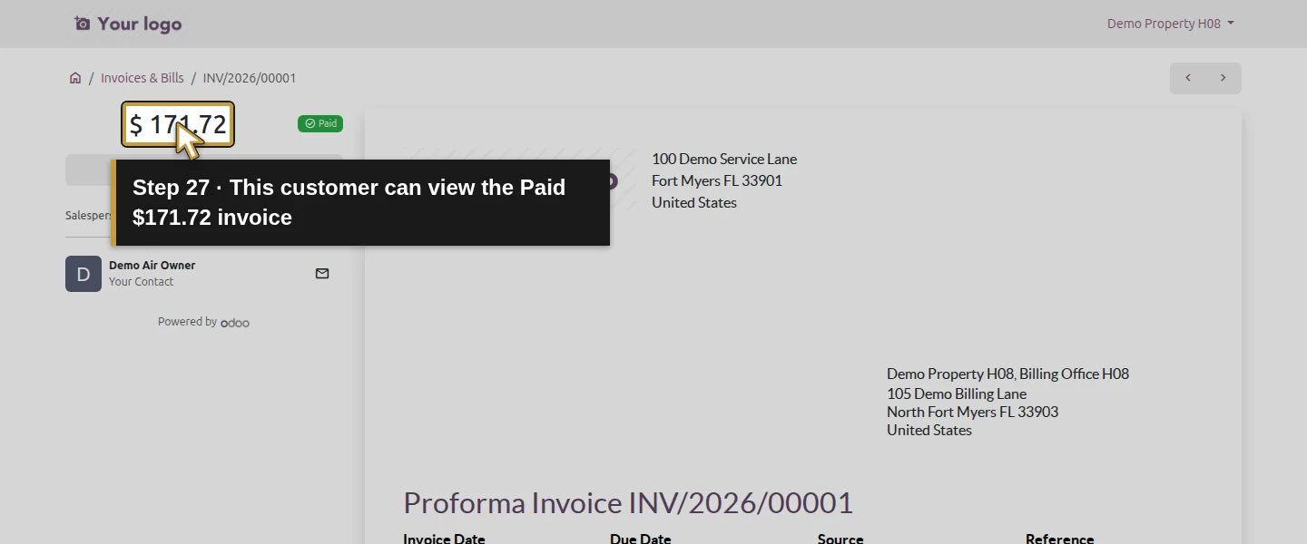 Action 27: This customer can view the Paid $171.72 invoice. The actual target is highlighted in gold.