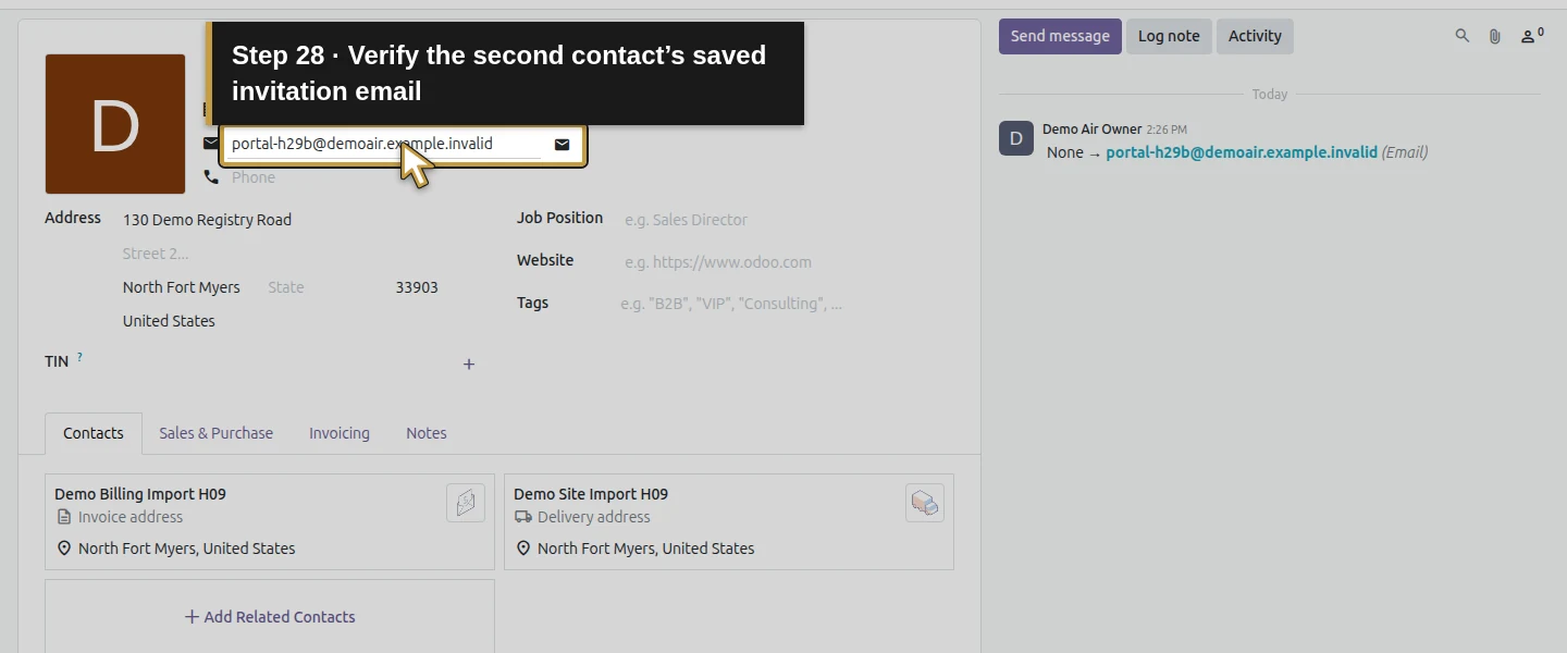 Action 28: Verify the second contact’s saved invitation email. The actual target is highlighted in gold.