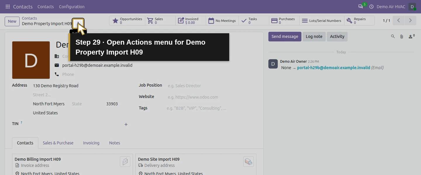 Action 29: Open Actions menu for Demo Property Import H09. The actual target is highlighted in gold.