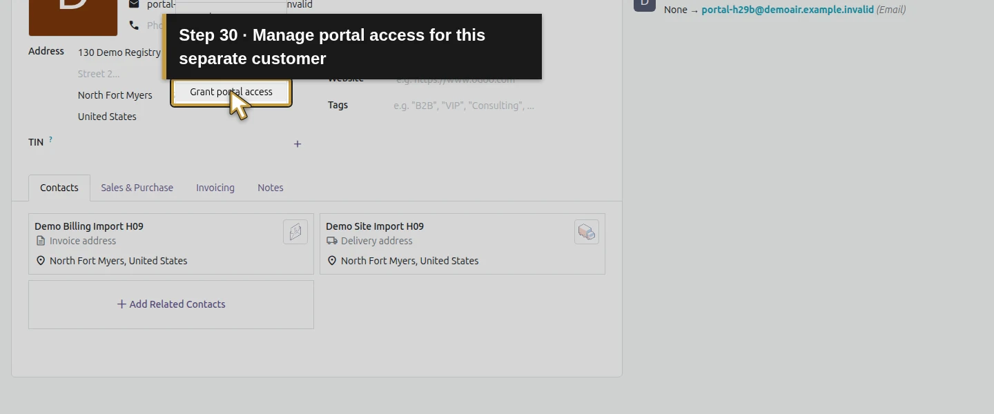 Action 30: Manage portal access for this separate customer. The actual target is highlighted in gold.