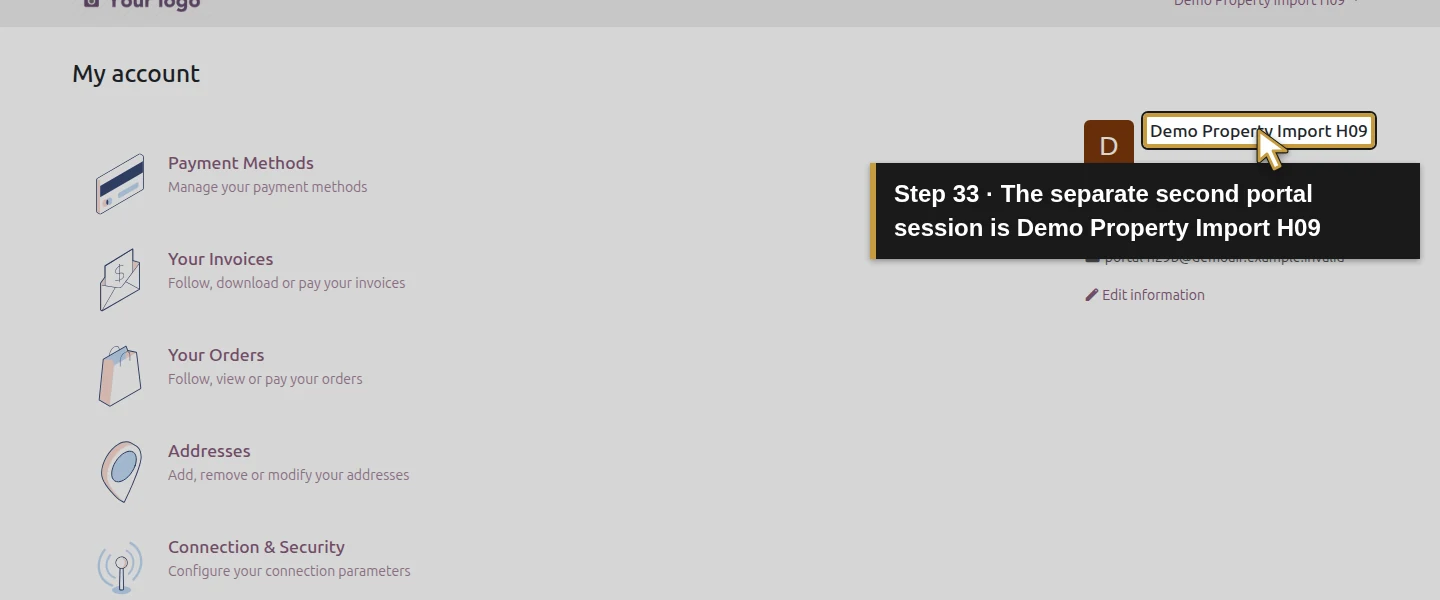 Action 33: The separate second portal session is Demo Property Import H09. The actual target is highlighted in gold.