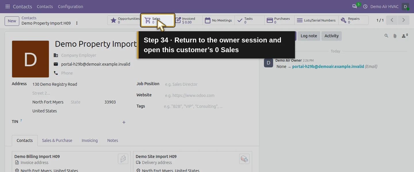 Action 34: Return to the owner session and open this customer’s 0 Sales. The actual target is highlighted in gold.