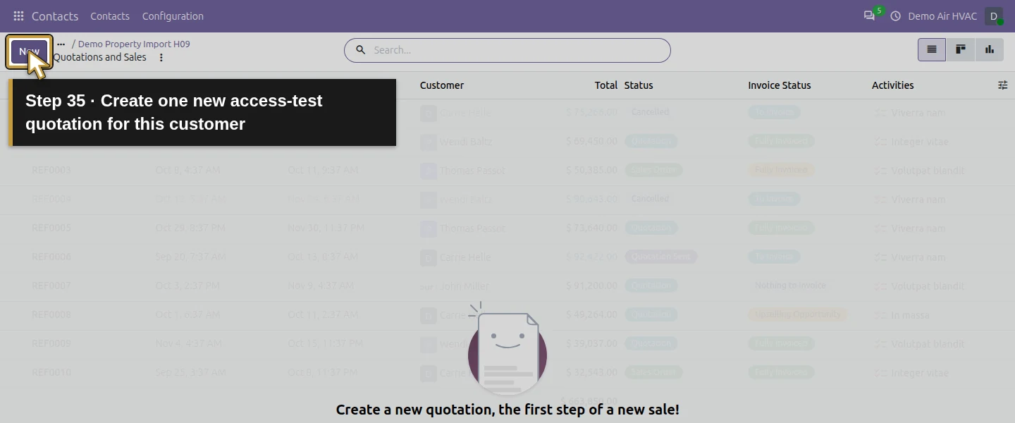 Action 35: Create one new access-test quotation for this customer. The actual target is highlighted in gold.