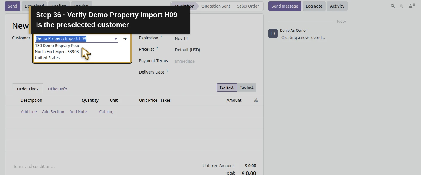 Action 36: Verify Demo Property Import H09 is the preselected customer. The actual target is highlighted in gold.