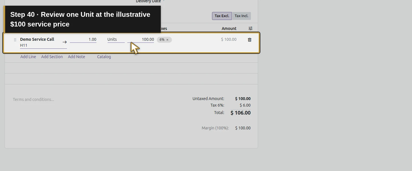 Action 40: Review one Unit at the illustrative $100 service price. The actual target is highlighted in gold.