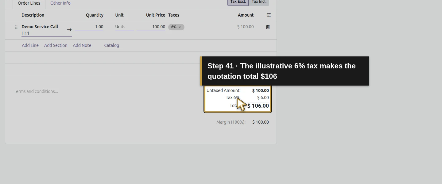 Action 41: The illustrative 6% tax makes the quotation total $106. The actual target is highlighted in gold.