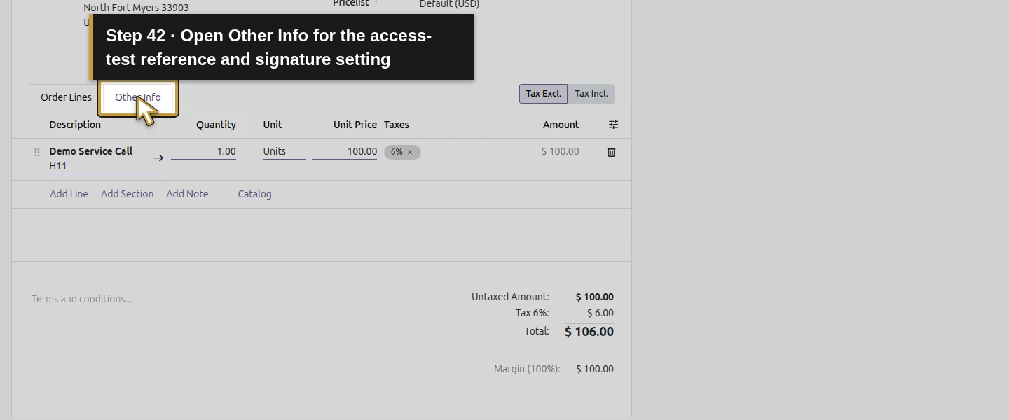 Action 42: Open Other Info for the access-test reference and signature setting. The actual target is highlighted in gold.