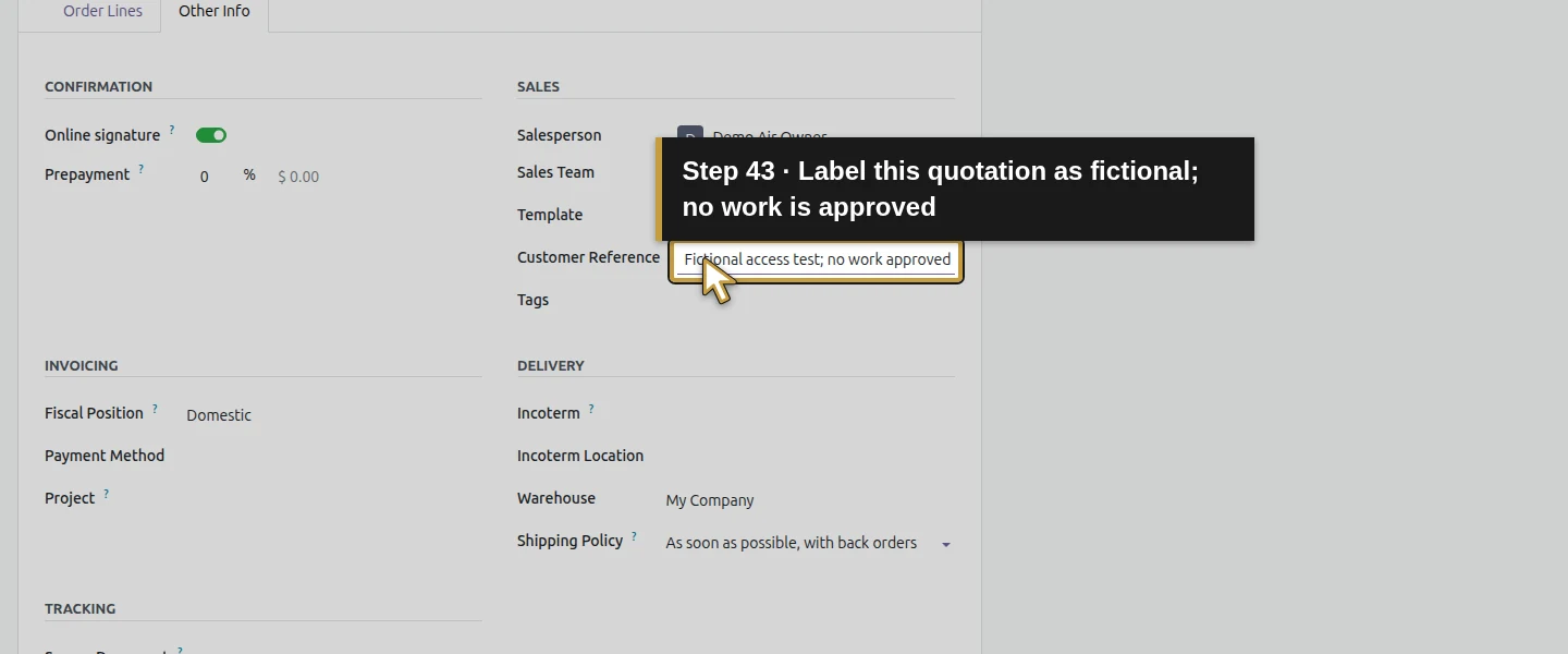 Action 43: Label this quotation as fictional; no work is approved. The actual target is highlighted in gold.