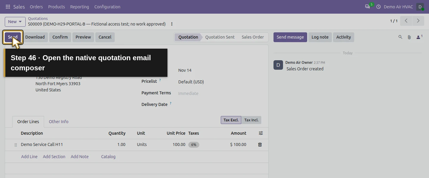 Action 46: Open the native quotation email composer. The actual target is highlighted in gold.