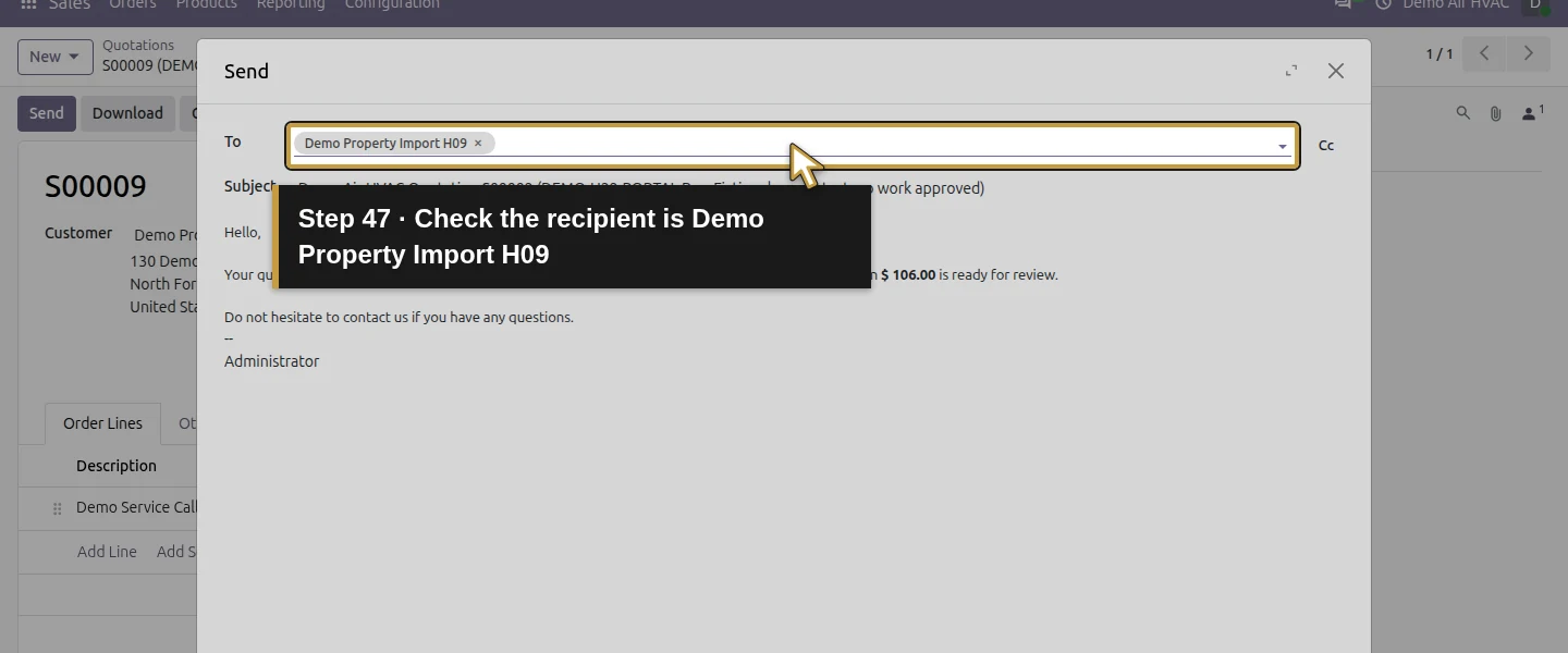 Action 47: Check the recipient is Demo Property Import H09. The actual target is highlighted in gold.