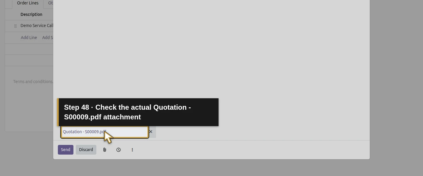 Action 48: Check the actual Quotation - S00009.pdf attachment. The actual target is highlighted in gold.