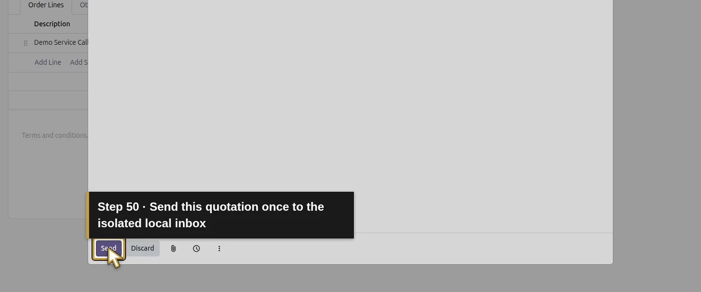Action 50: Send this quotation once to the isolated local inbox. The actual target is highlighted in gold.