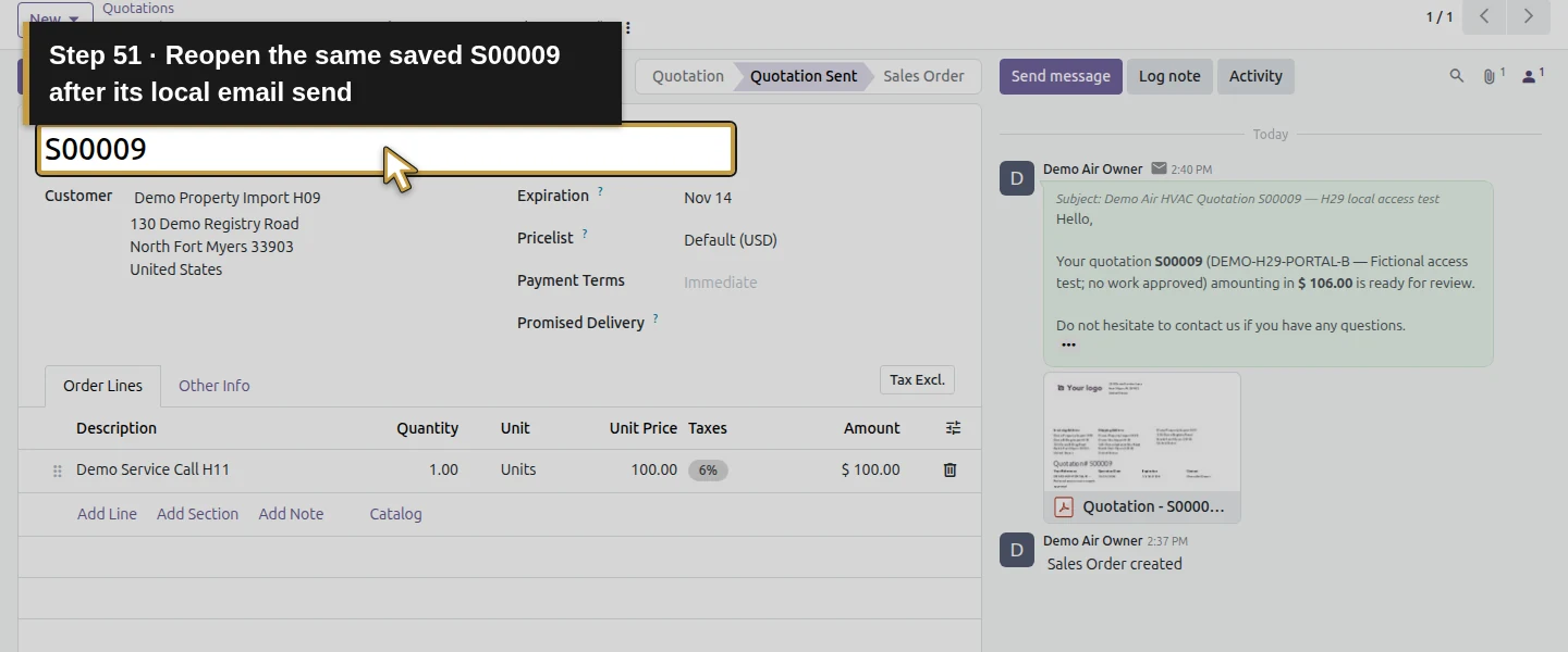 Action 51: Reopen the same saved S00009 after its local email send. The actual target is highlighted in gold.