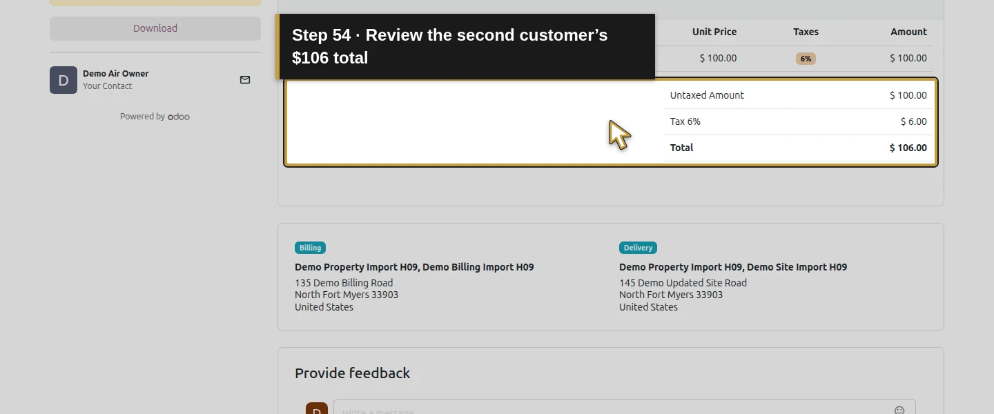 Action 54: Review the second customer’s $106 total. The actual target is highlighted in gold.