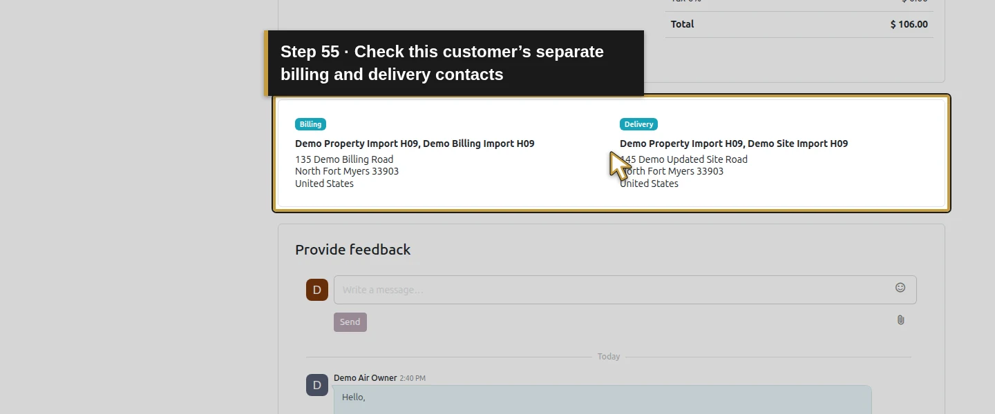 Action 55: Check this customer’s separate billing and delivery contacts. The actual target is highlighted in gold.