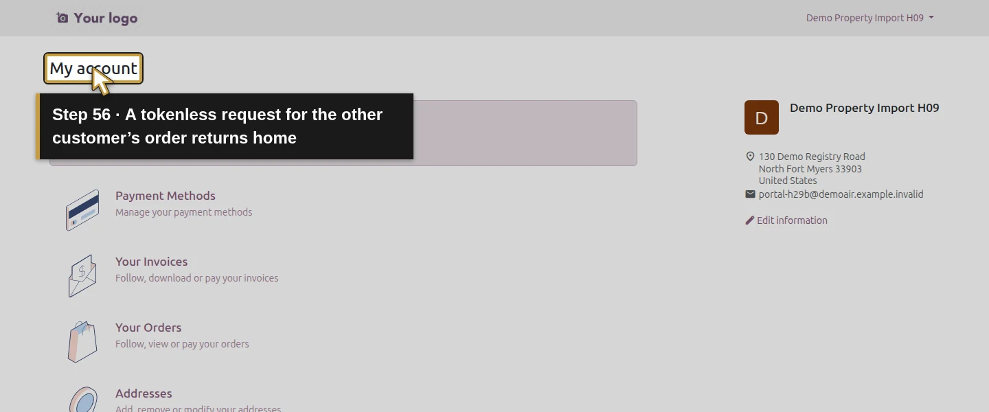 Action 56: A tokenless request for the other customer’s order returns home. The actual target is highlighted in gold.