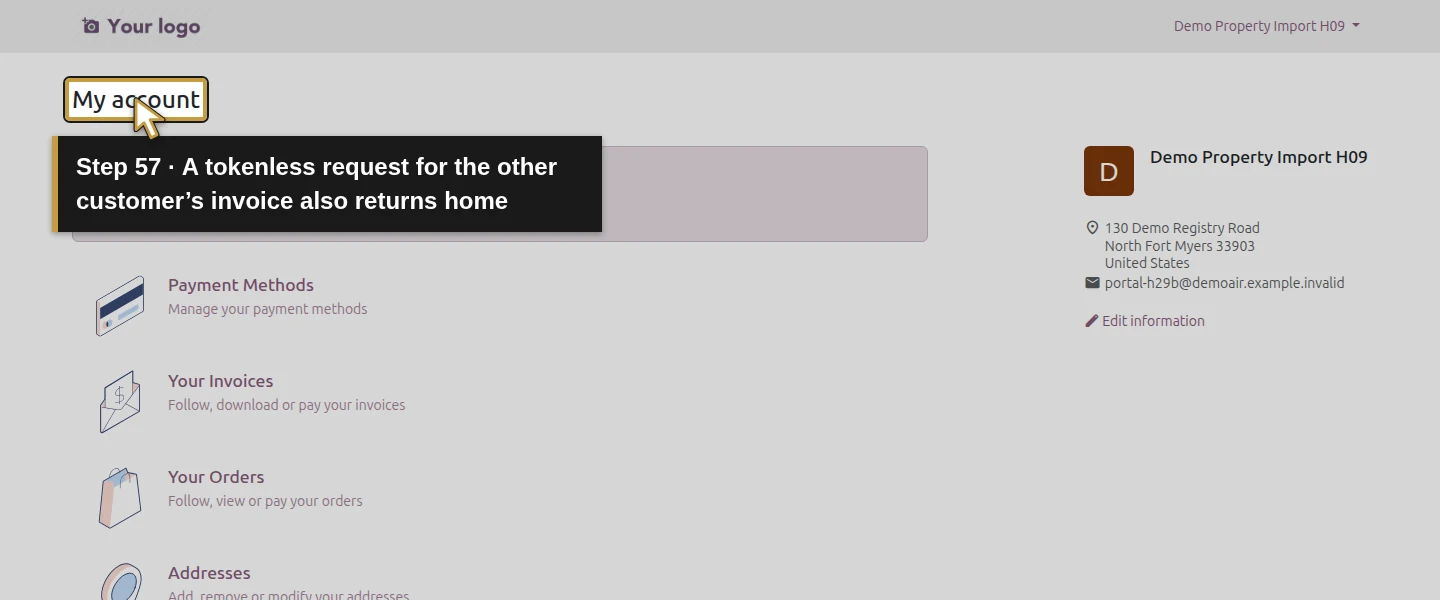 Action 57: A tokenless request for the other customer’s invoice also returns home. The actual target is highlighted in gold.