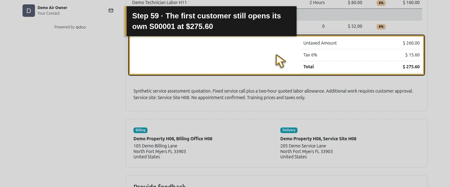 Action 59: The first customer still opens its own S00001 at $275.60. The actual target is highlighted in gold.