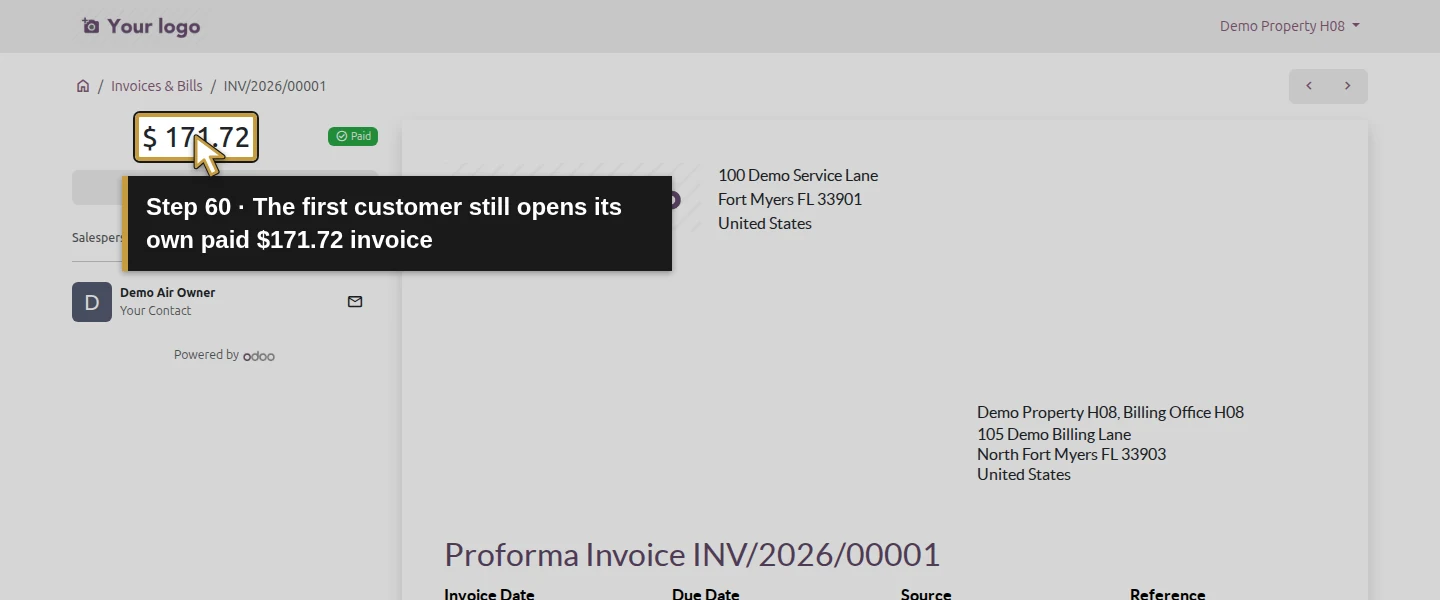 Action 60: The first customer still opens its own paid $171.72 invoice. The actual target is highlighted in gold.
