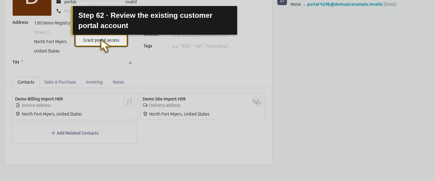 Action 62: Review the existing customer portal account. The actual target is highlighted in gold.