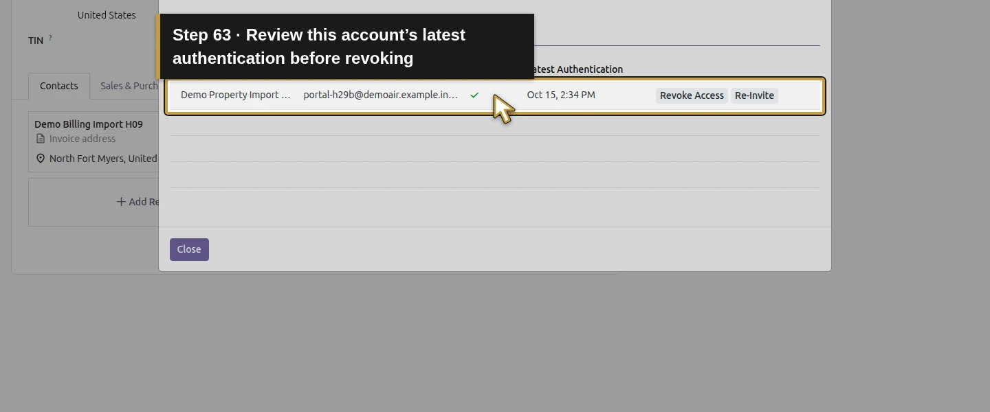 Action 63: Review this account’s latest authentication before revoking. The actual target is highlighted in gold.