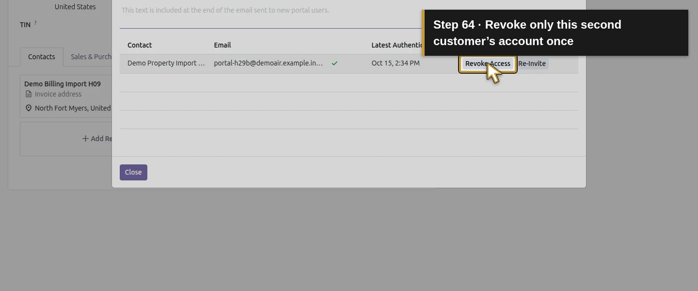 Action 64: Revoke only this second customer’s account once. The actual target is highlighted in gold.