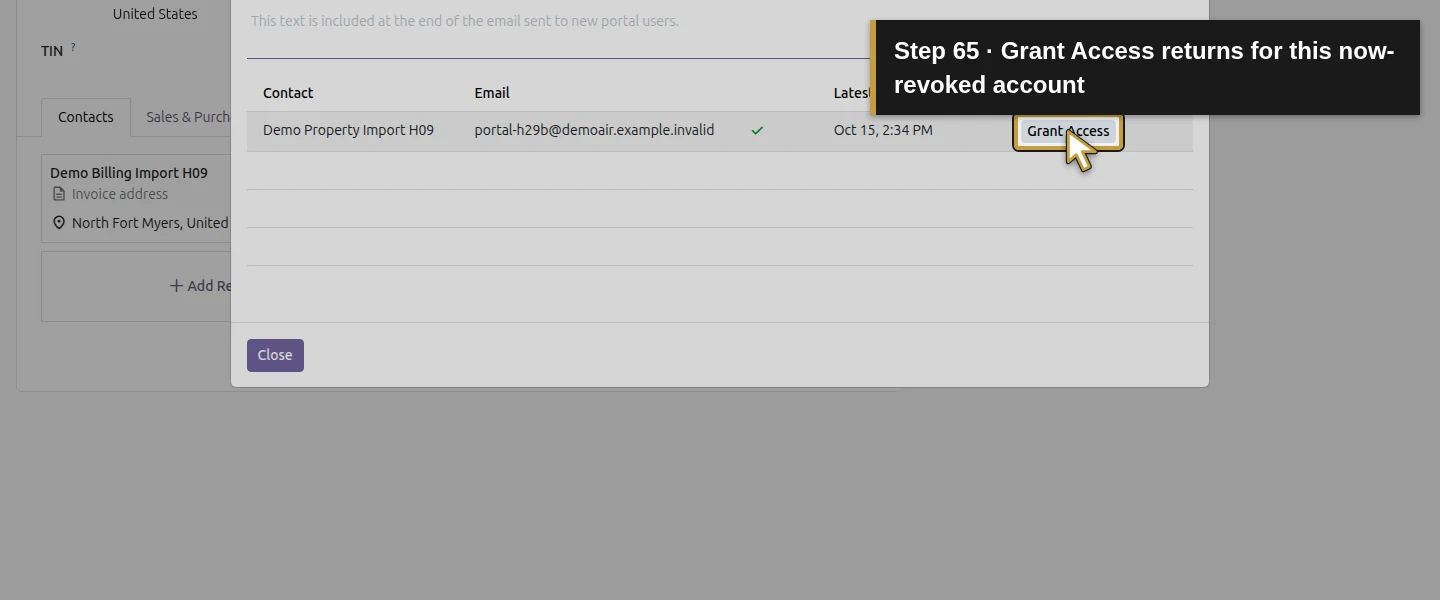 Action 65: Grant Access returns for this now-revoked account. The actual target is highlighted in gold.
