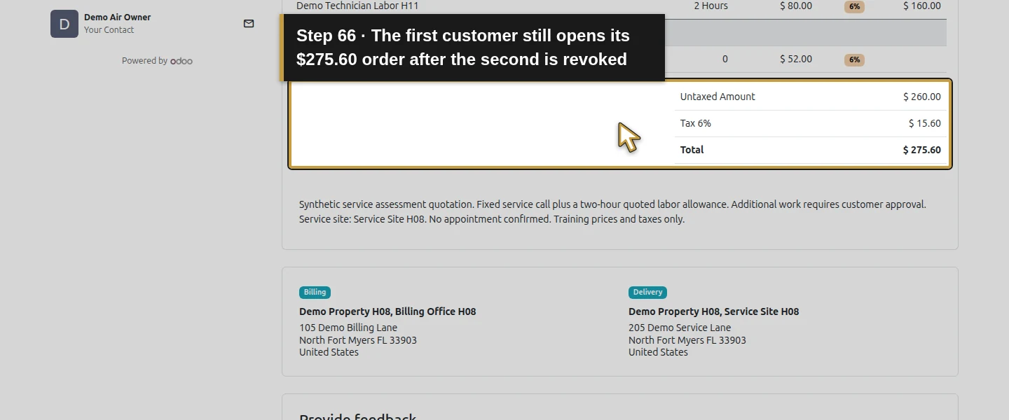 Action 66: The first customer still opens its $275.60 order after the second is revoked. The actual target is highlighted in gold.