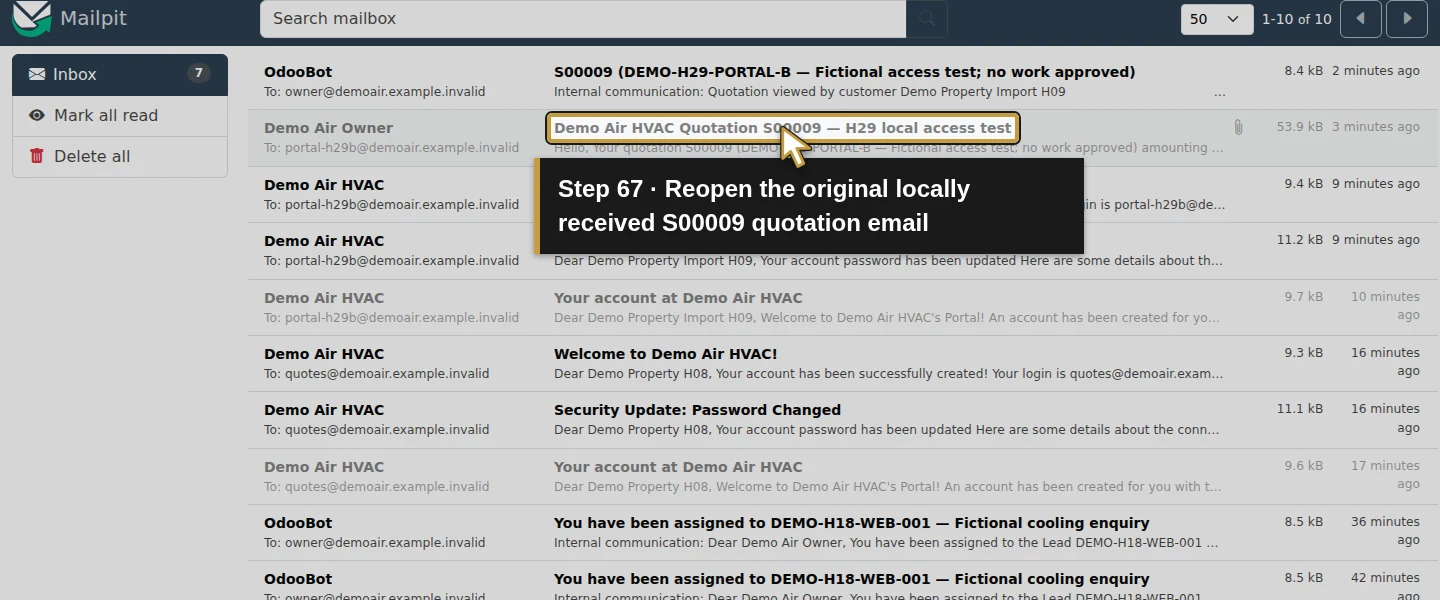 Action 67: Reopen the original locally received S00009 quotation email. The actual target is highlighted in gold.