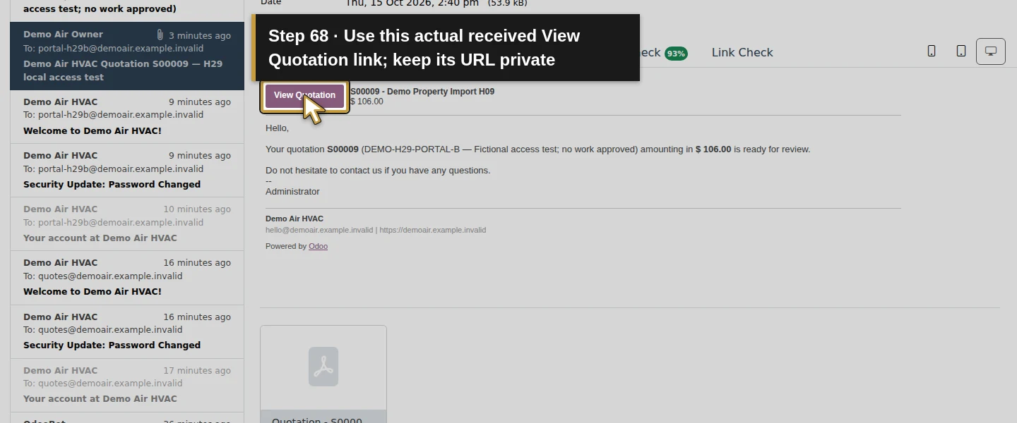 Action 68: Use this actual received View Quotation link; keep its URL private. The actual target is highlighted in gold.