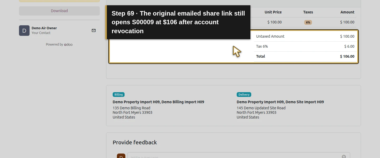Action 69: The original emailed share link still opens S00009 at $106 after account revocation. The actual target is highlighted in gold.
