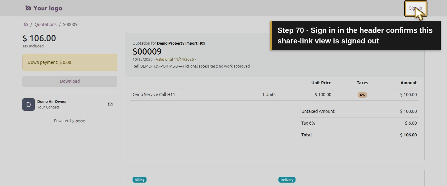Action 70: Sign in in the header confirms this share-link view is signed out. The actual target is highlighted in gold.