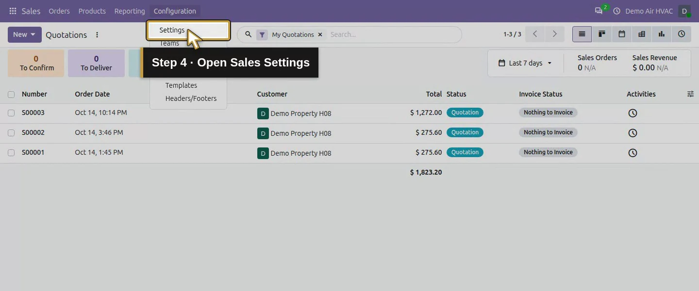 Action 4: Open Sales Settings. The actual target is highlighted in gold.