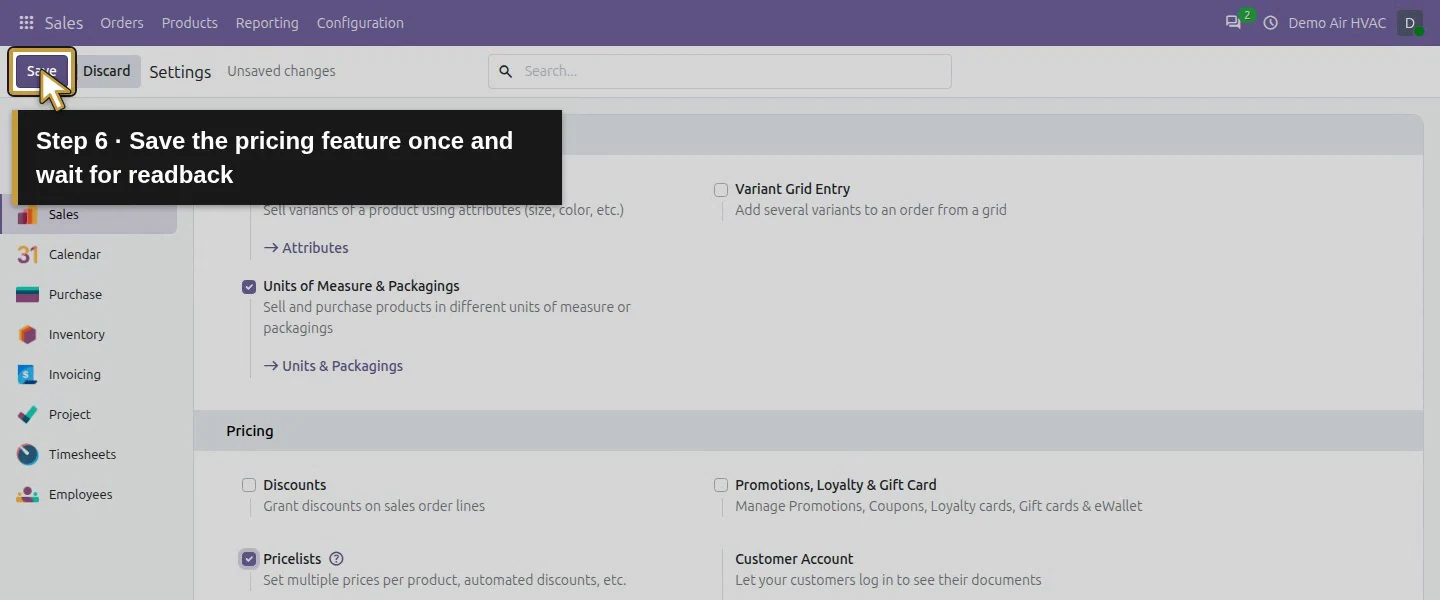 Action 6: Save the pricing feature once and wait for readback. The actual target is highlighted in gold.