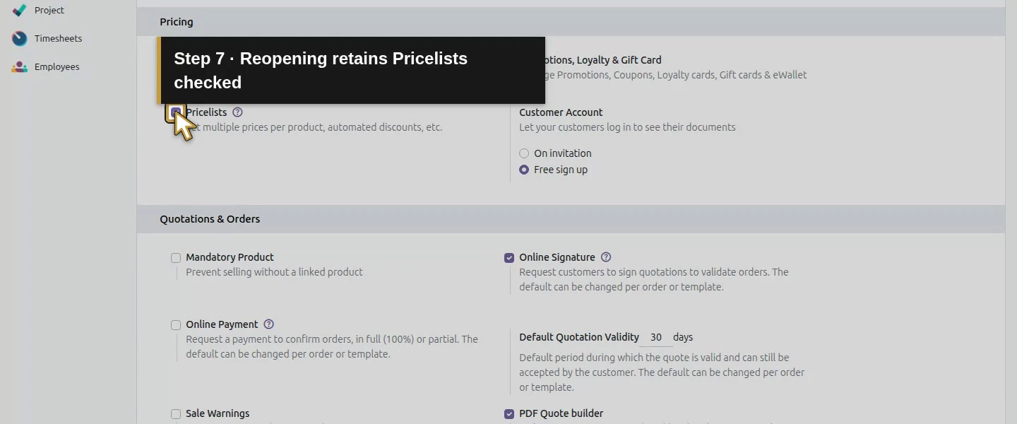 Action 7: Reopening retains Pricelists checked. The actual target is highlighted in gold.