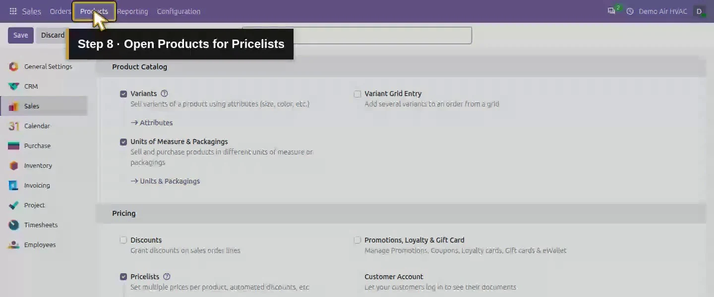 Action 8: Open Products for Pricelists. The actual target is highlighted in gold.