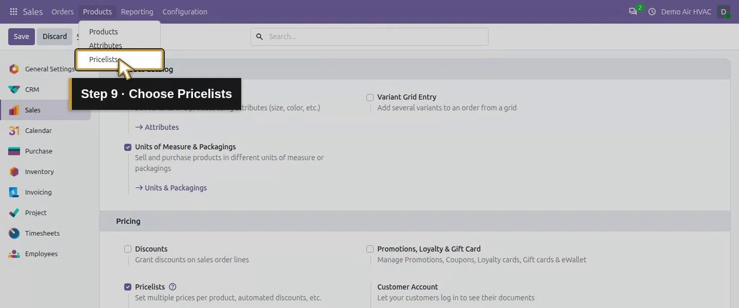 Action 9: Choose Pricelists. The actual target is highlighted in gold.