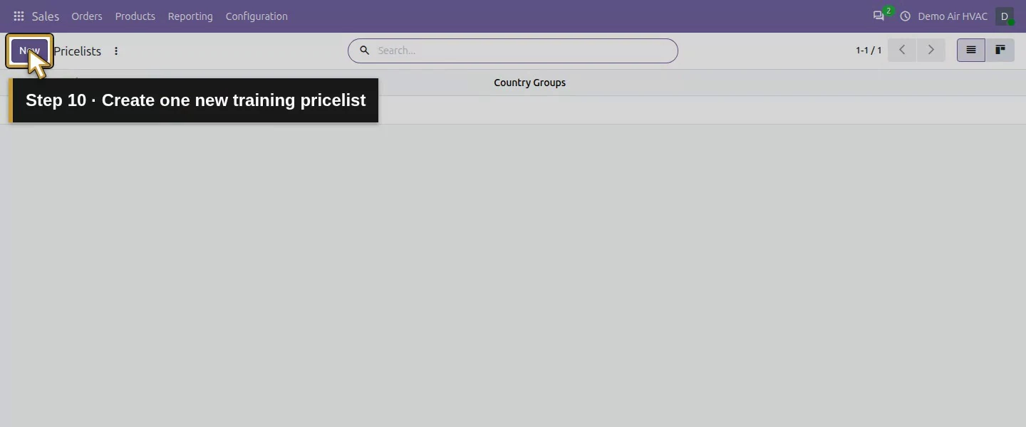 Action 10: Create one new training pricelist. The actual target is highlighted in gold.