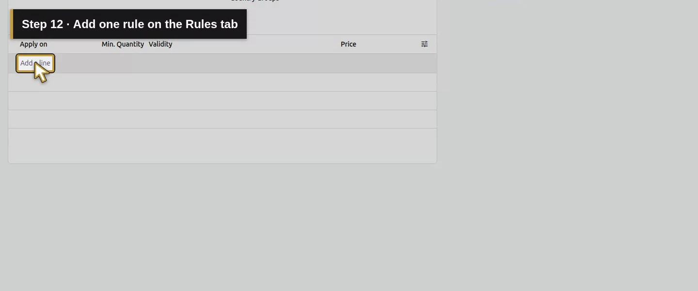 Action 12: Add one rule on the Rules tab. The actual target is highlighted in gold.