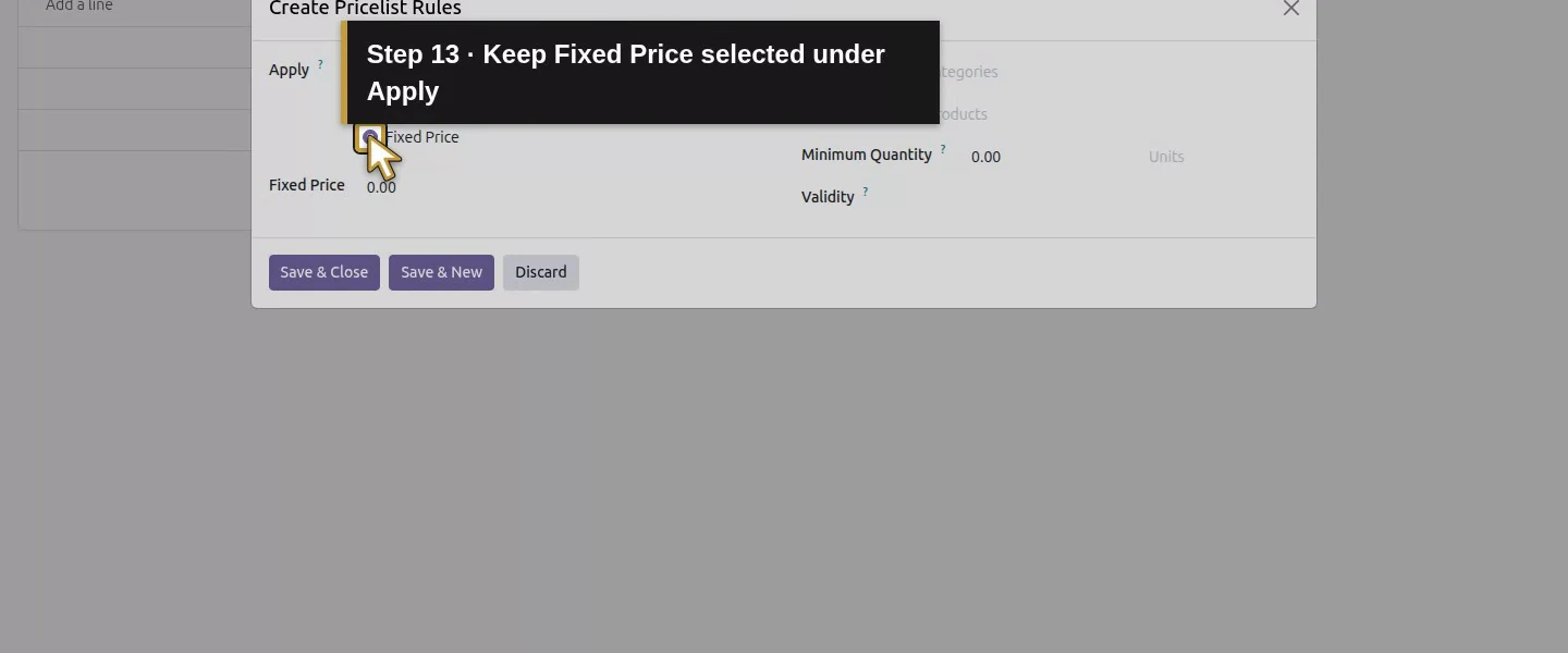 Action 13: Keep Fixed Price selected under Apply. The actual target is highlighted in gold.